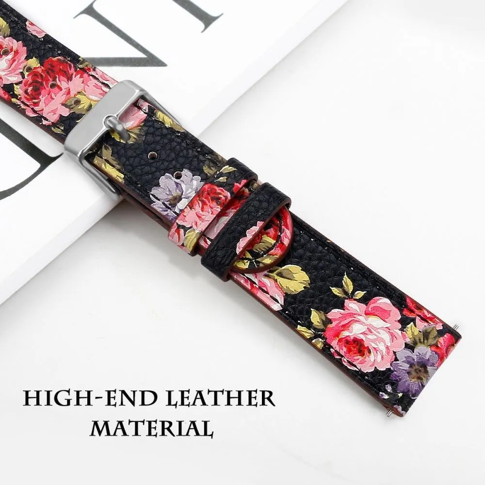 20mm Universal cowhide genuine leather watch strap - Black / Pink Flower