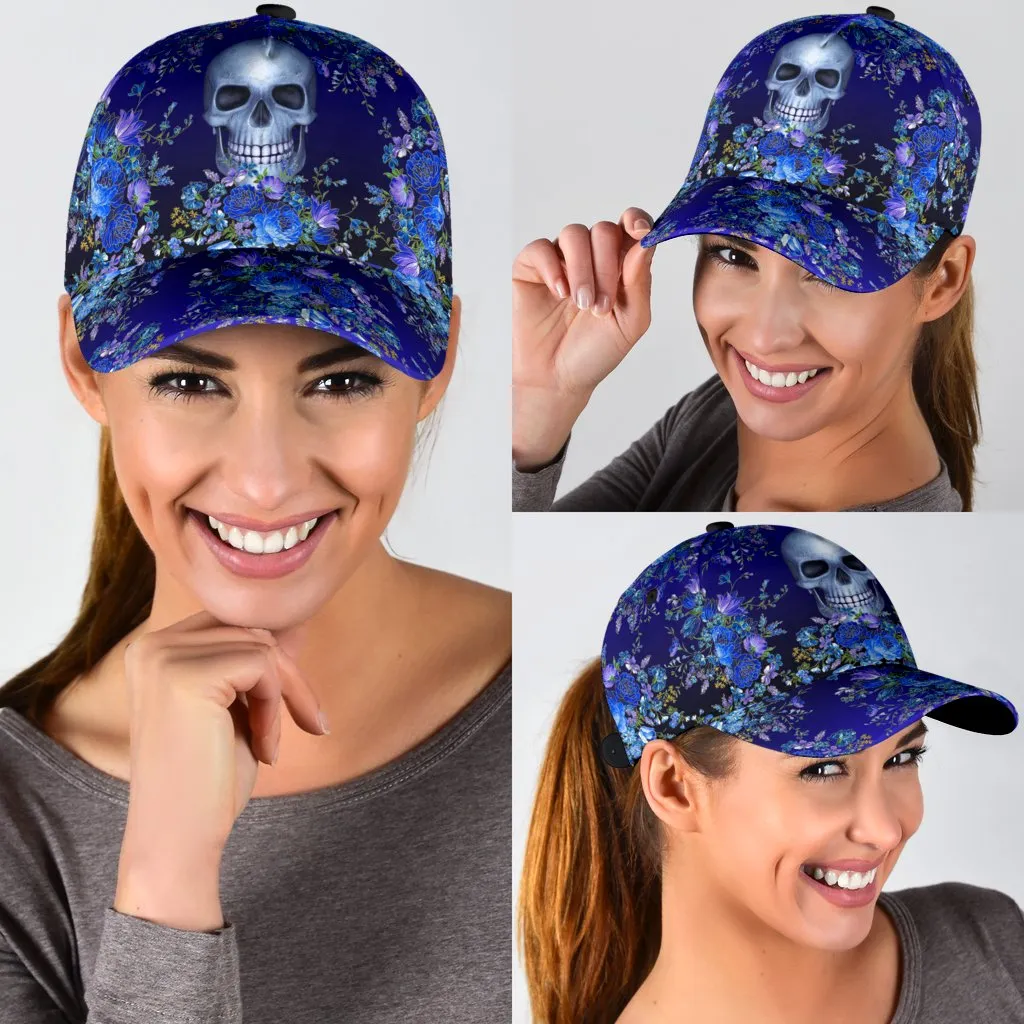 3D Skull Classic Cap Hat With Blue Floral Pattern, Flower Skull Cap Hat For Her, Women Skull Cap