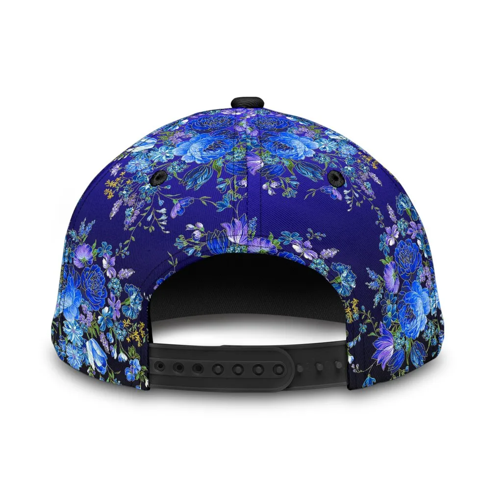 3D Skull Classic Cap Hat With Blue Floral Pattern, Flower Skull Cap Hat For Her, Women Skull Cap