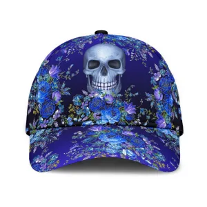 3D Skull Classic Cap Hat With Blue Floral Pattern, Flower Skull Cap Hat For Her, Women Skull Cap