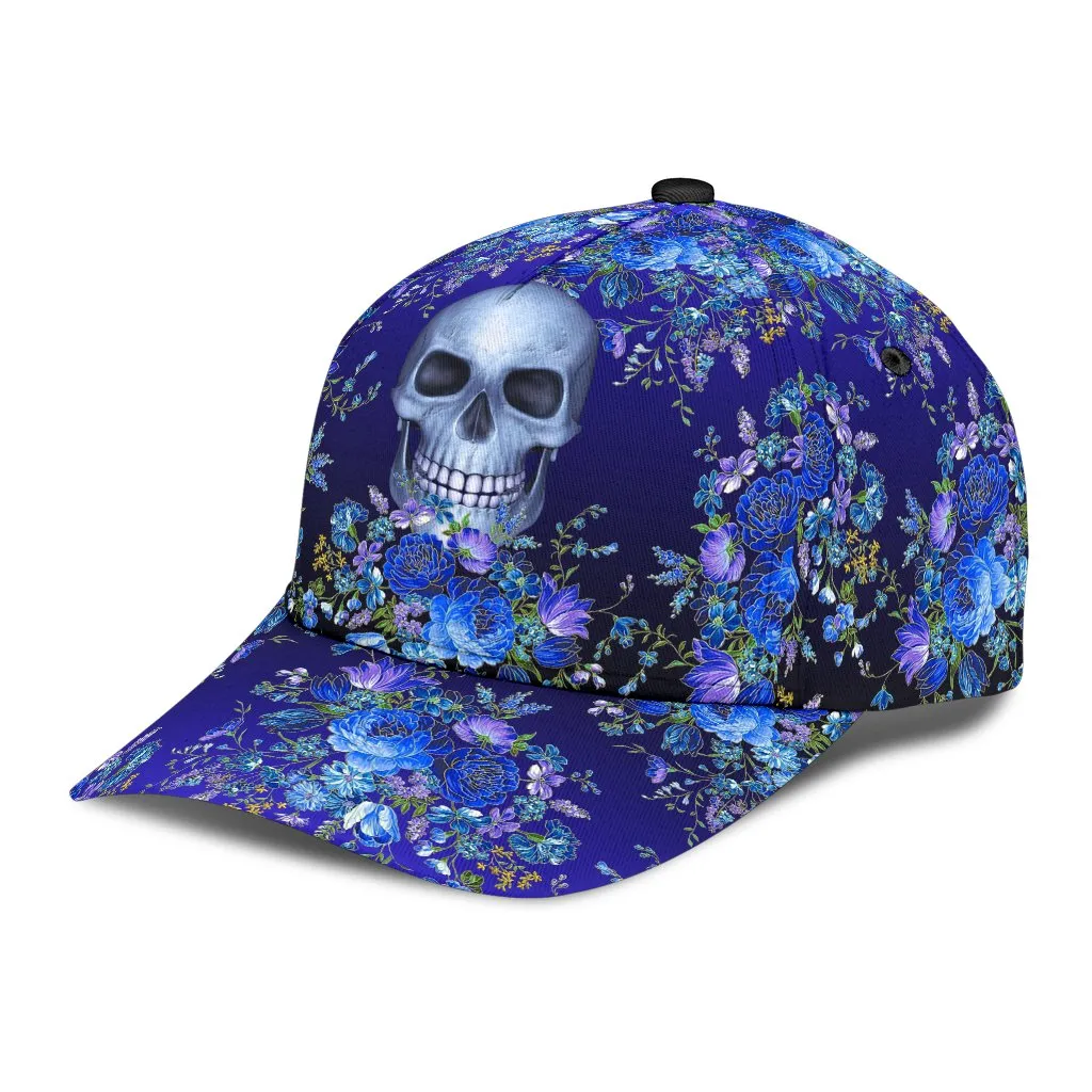 3D Skull Classic Cap Hat With Blue Floral Pattern, Flower Skull Cap Hat For Her, Women Skull Cap