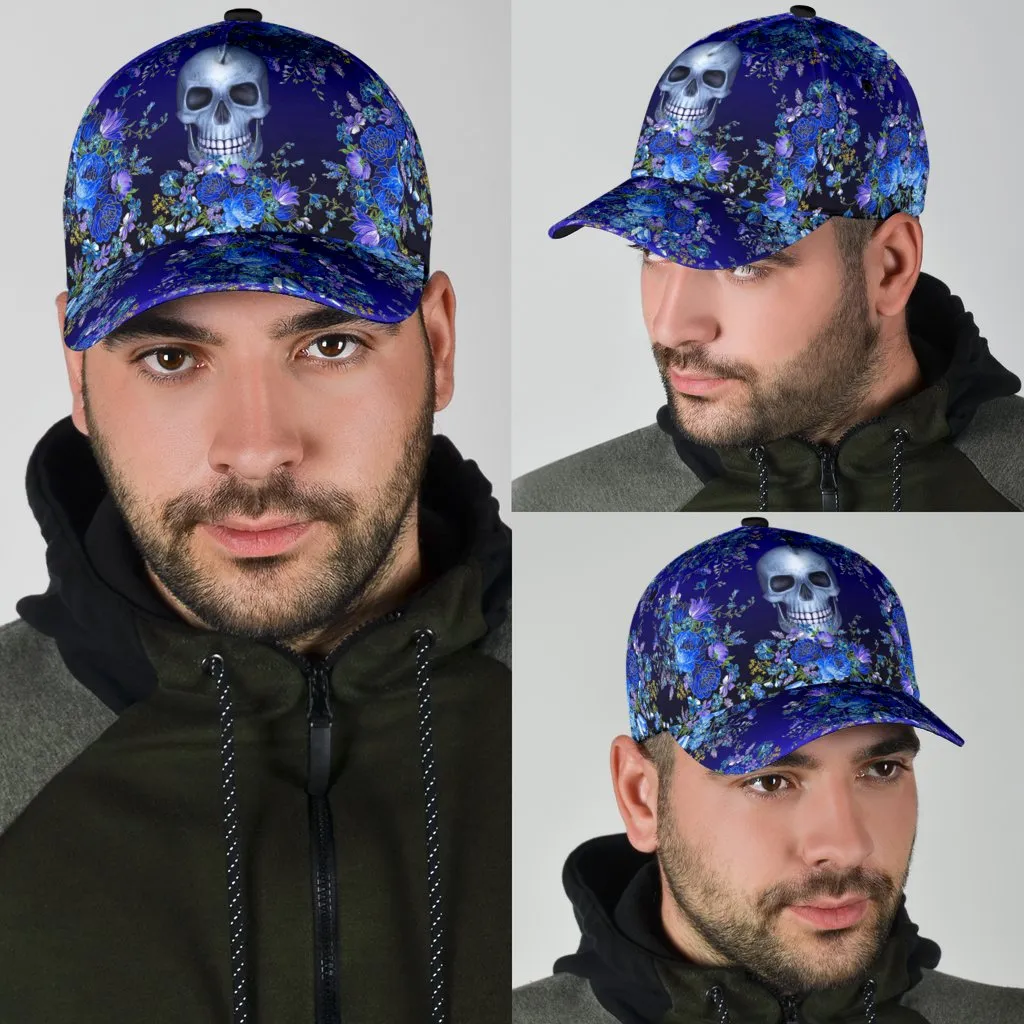 3D Skull Classic Cap Hat With Blue Floral Pattern, Flower Skull Cap Hat For Her, Women Skull Cap