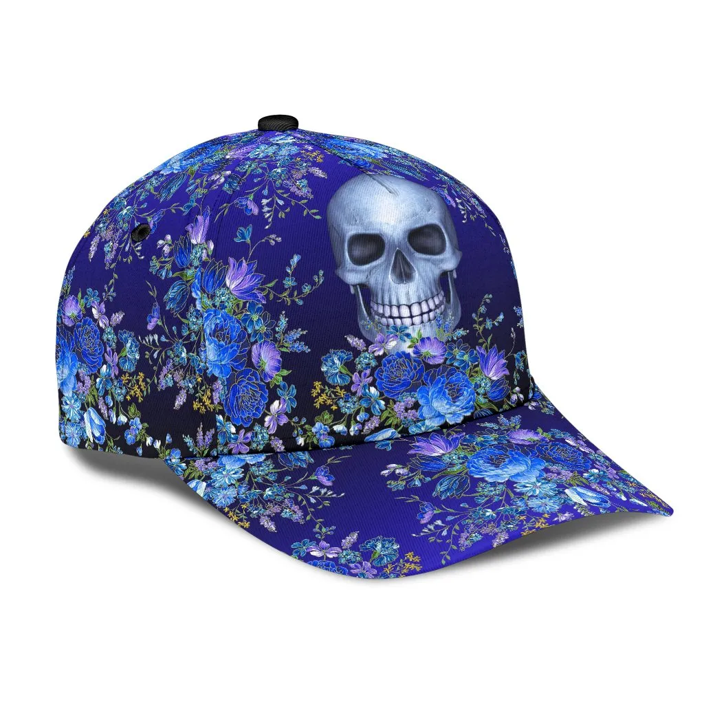 3D Skull Classic Cap Hat With Blue Floral Pattern, Flower Skull Cap Hat For Her, Women Skull Cap