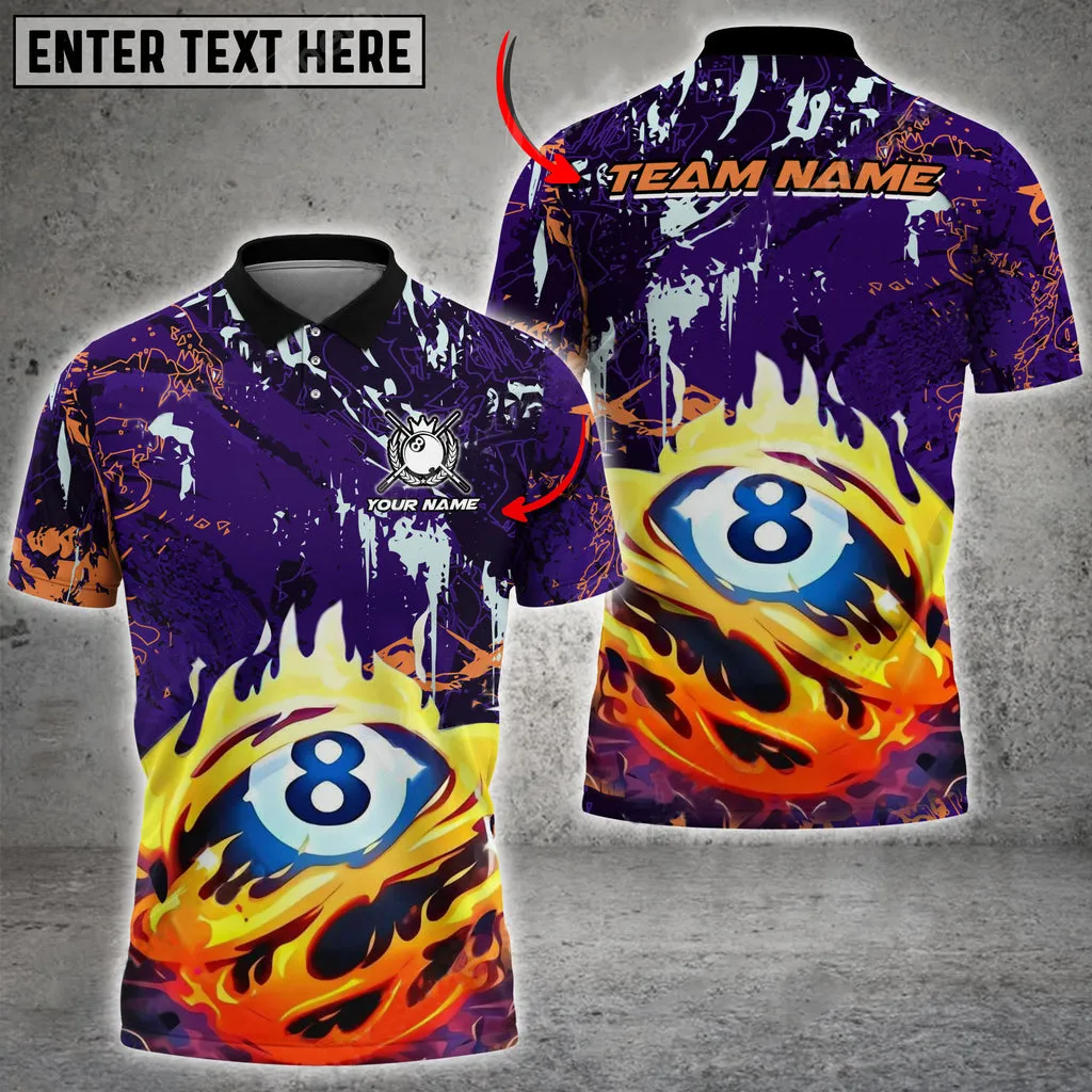 Billiards 8 Ball Fire Abstract Grunge Personalized Name 3D Polo Shirt, Idea Gift for Billiards Lovers