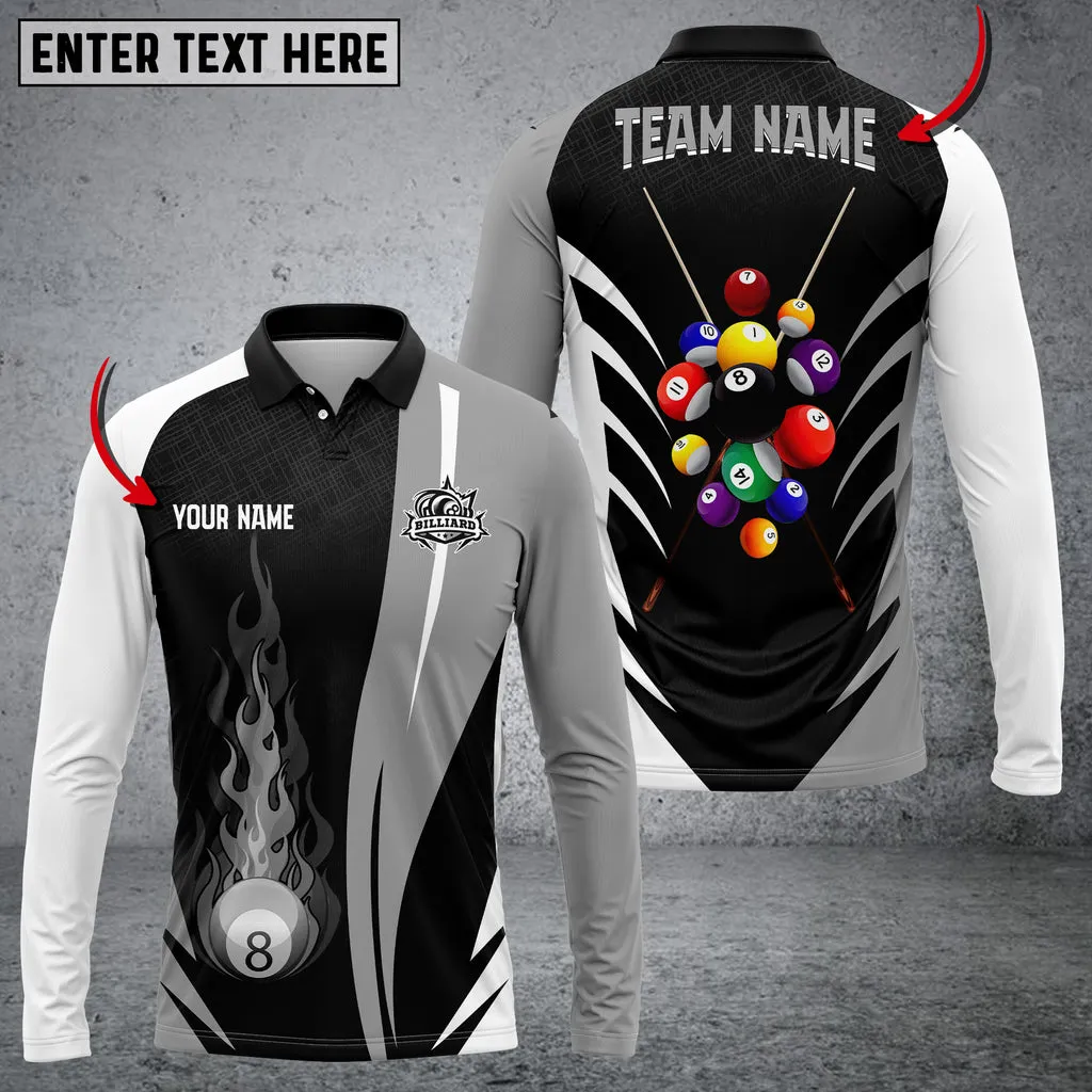 Billiards Ball Colourful Personalized 3D Long Sleeve Polo Shirt, Idea Gift for Billiard Player