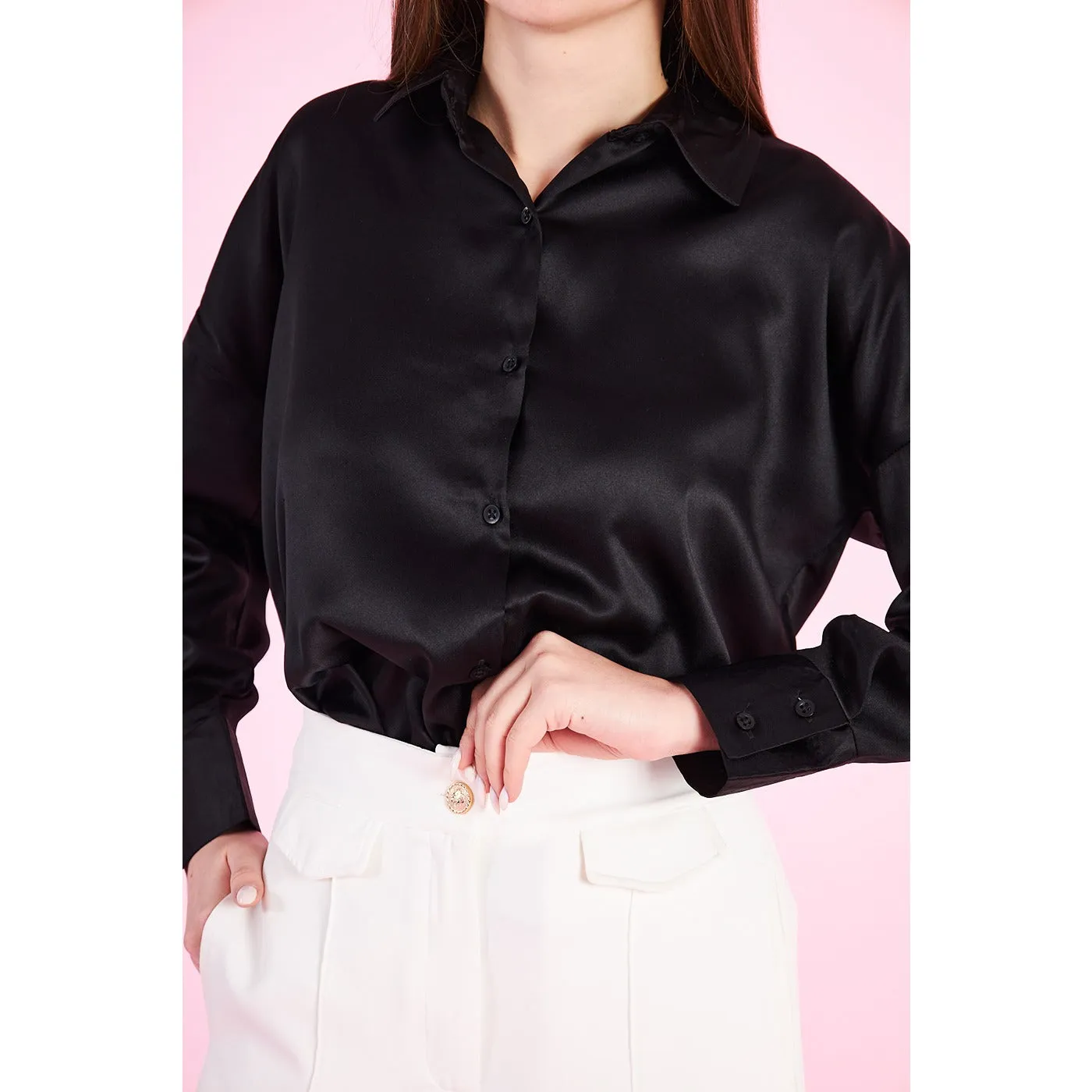 Black Button Down Satin Shirt