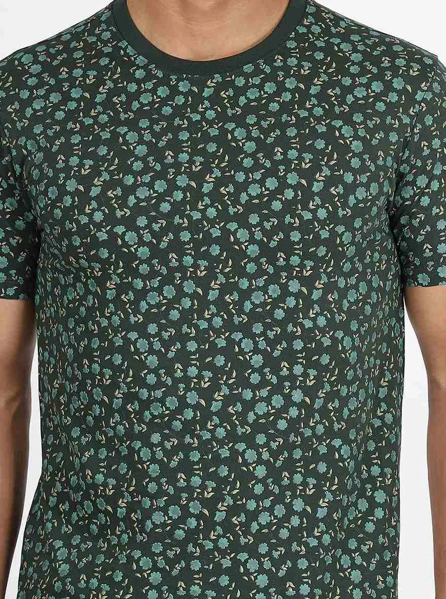 Bottle Green Printed Slim Fit T-Shirt | Greenfibre