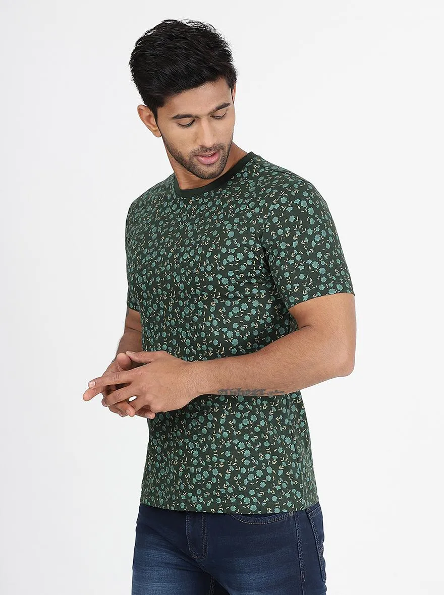 Bottle Green Printed Slim Fit T-Shirt | Greenfibre