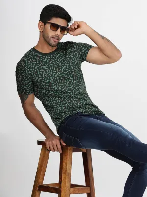 Bottle Green Printed Slim Fit T-Shirt | Greenfibre