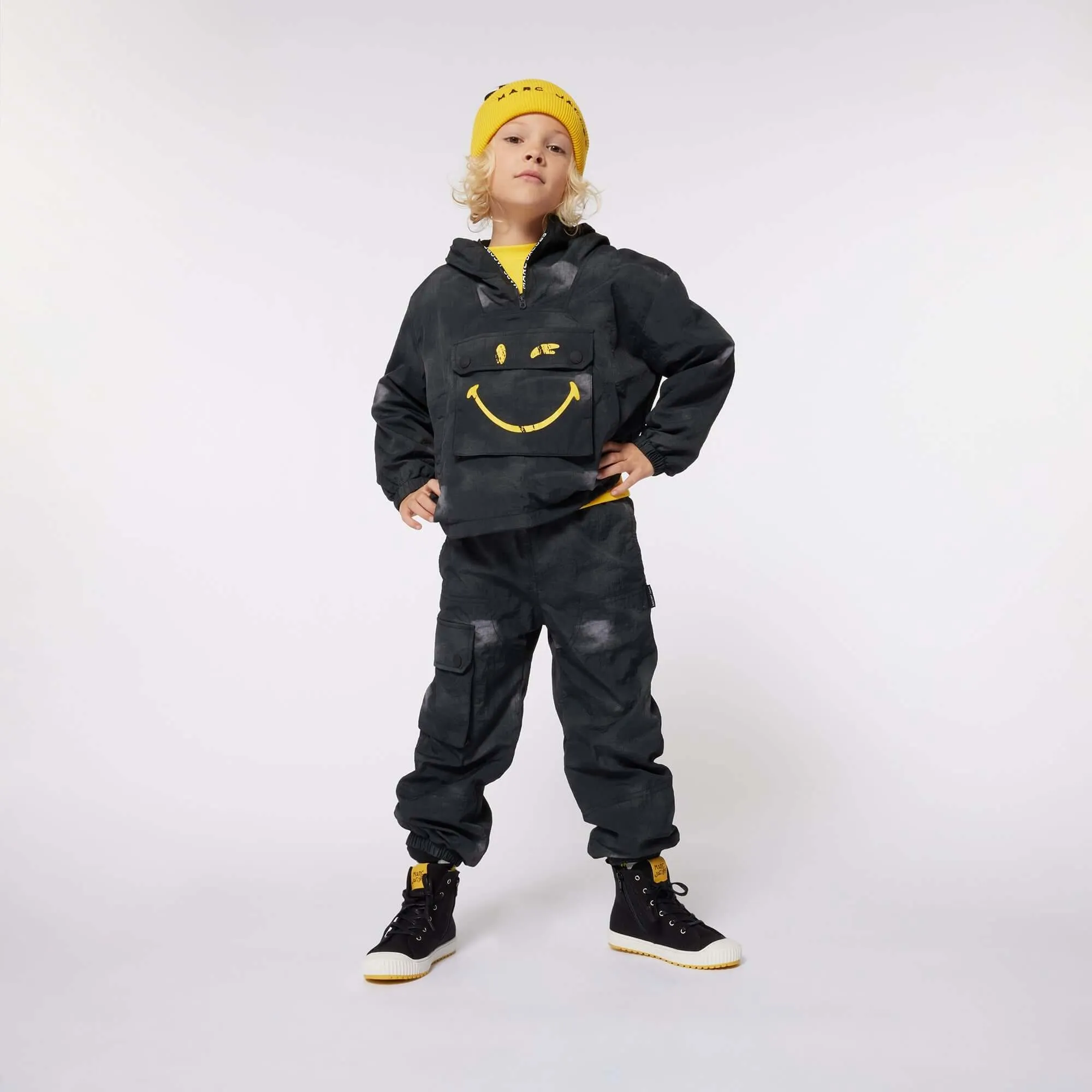 Boys Black Smile Hooded Windbreaker