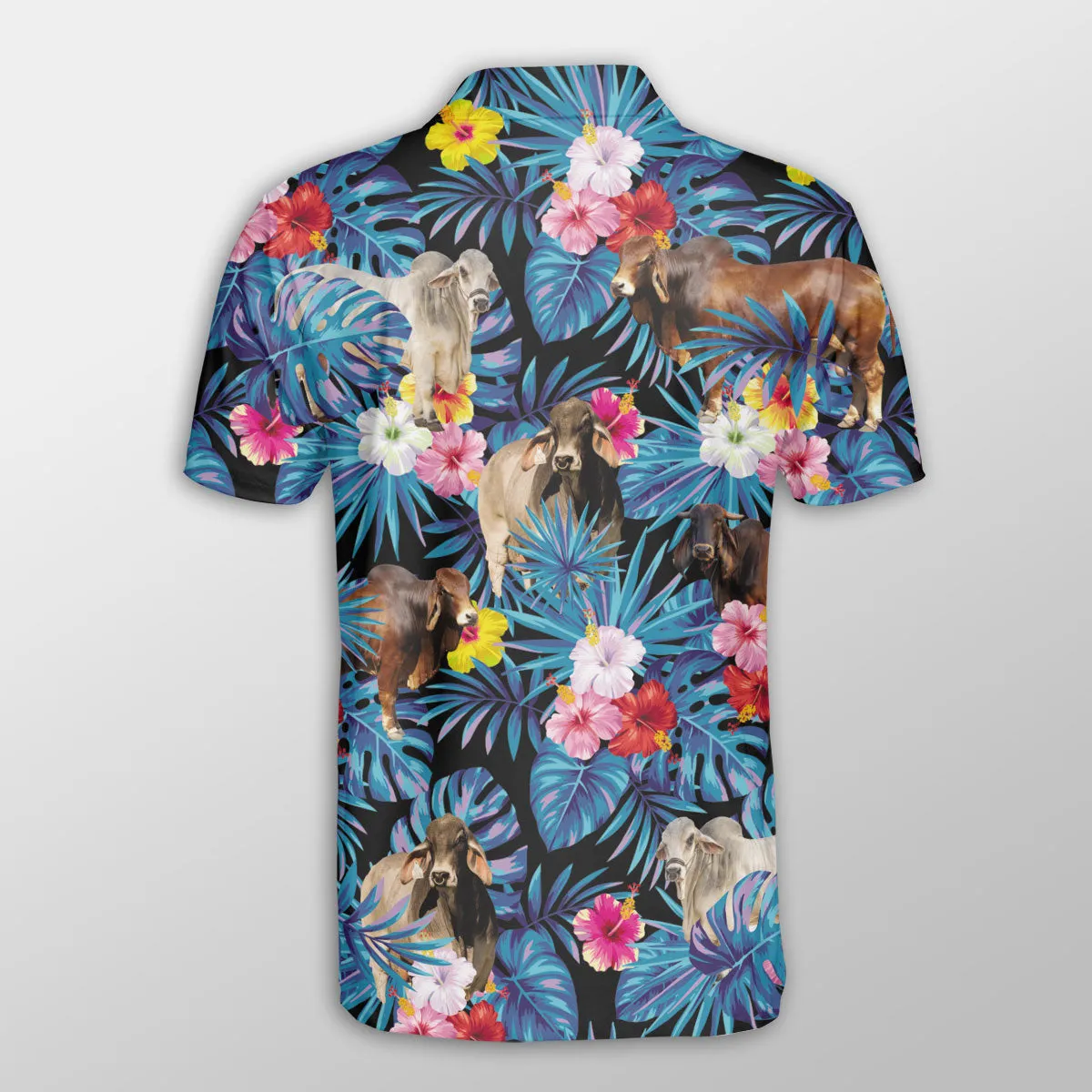 Brahman Tropical Flowers Leaves Pattern Button Polo Shirt, Cow Polo Shirt, Gift for Farmers