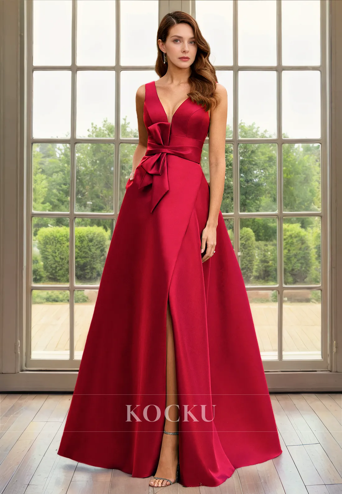 Classic & Timeless V-Neck Sleeveless A-Line Bowknot Belt Cocktail Mother of the Bride Dress