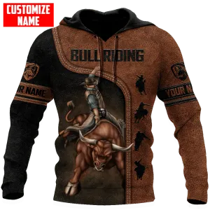 Custom Name 3D All Over Print Bull Riding Hoodie Brown Leather Pattern Cowboy Lover Gifts