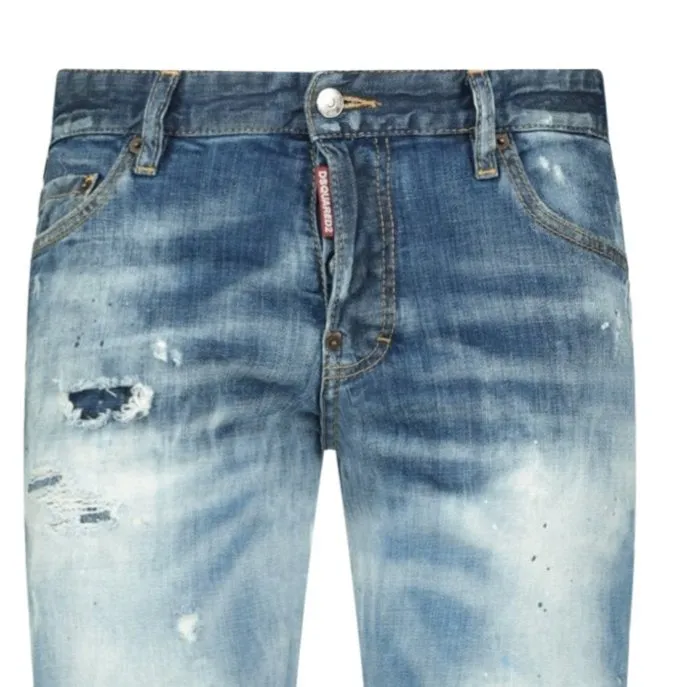 DSQUARED2 'Slim' Distressed Blue Stitch Paint Splatter Jeans