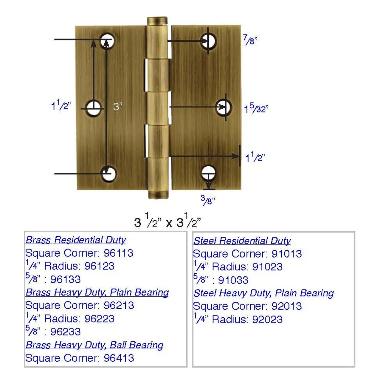 Emtek 91033 Steel Plain Bearing Hinge, 3.5" x 3.5", with 5/8" Radius Corners - Sold in Pairs