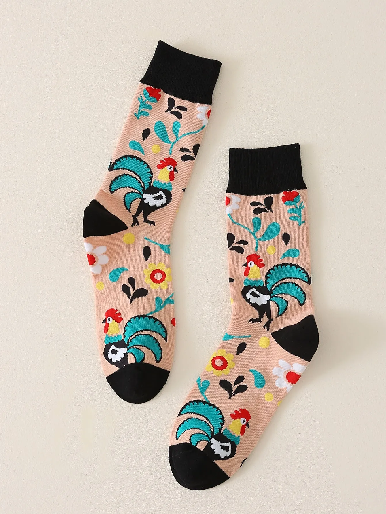 Floral & Chick Print Crew Socks for Women Fun Socks Funky Socks Novelty Socks