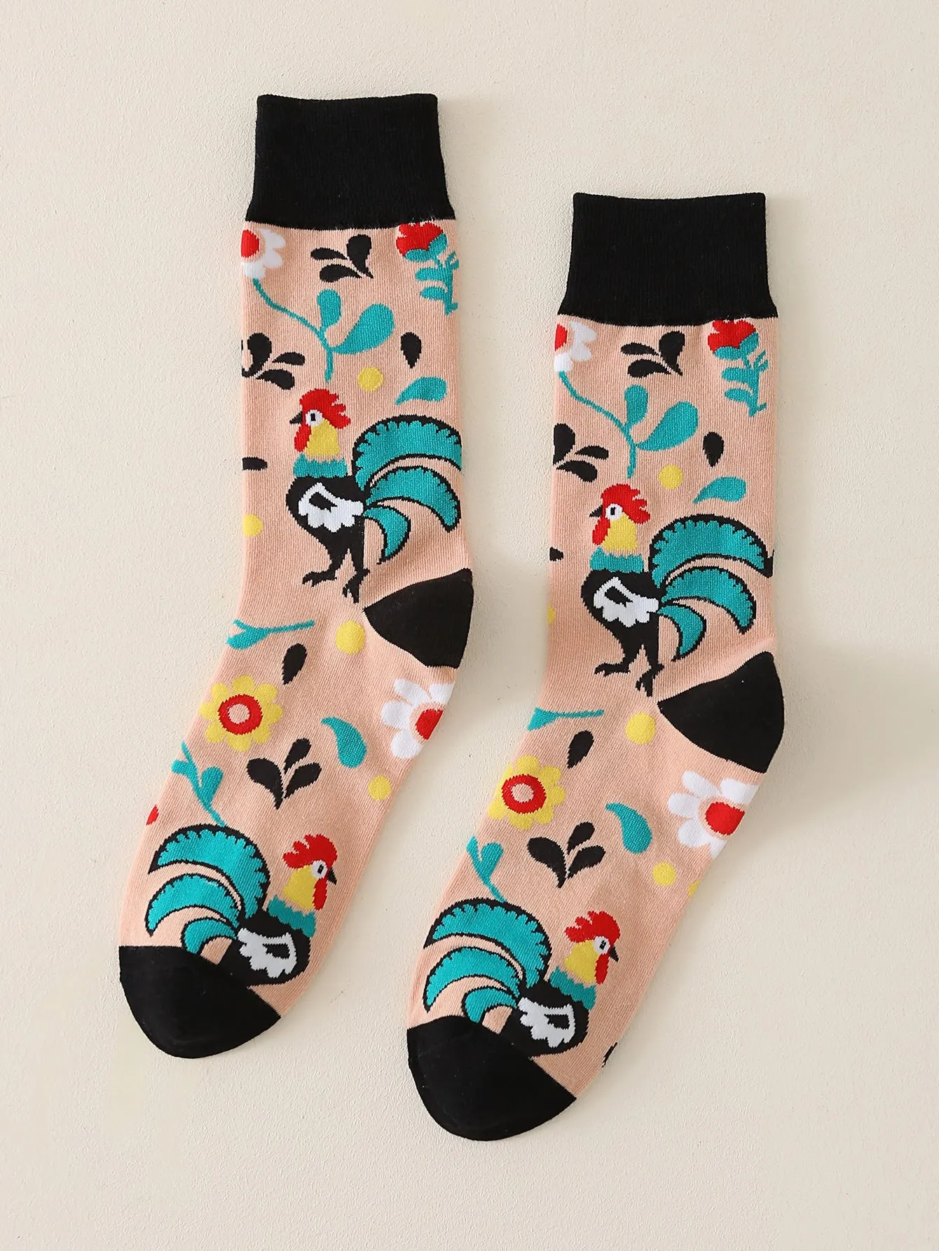 Floral & Chick Print Crew Socks for Women Fun Socks Funky Socks Novelty Socks