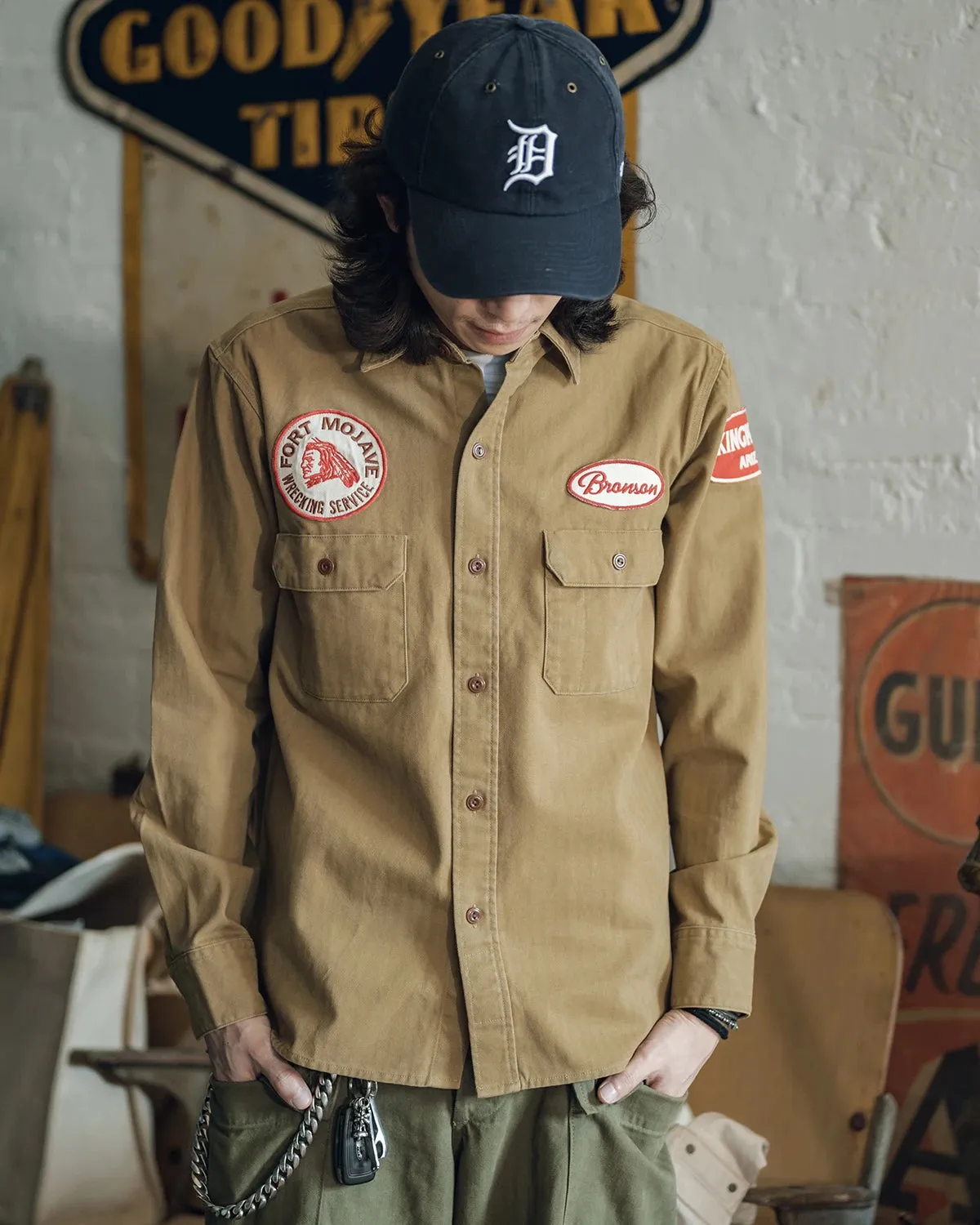 Gas Station Embroidery Patch Work Shirt - 1950s Retro Men's Long Sleeve Shirt