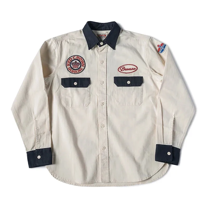 Gas Station Embroidery Patch Work Shirt - 1950s Retro Men's Long Sleeve Shirt