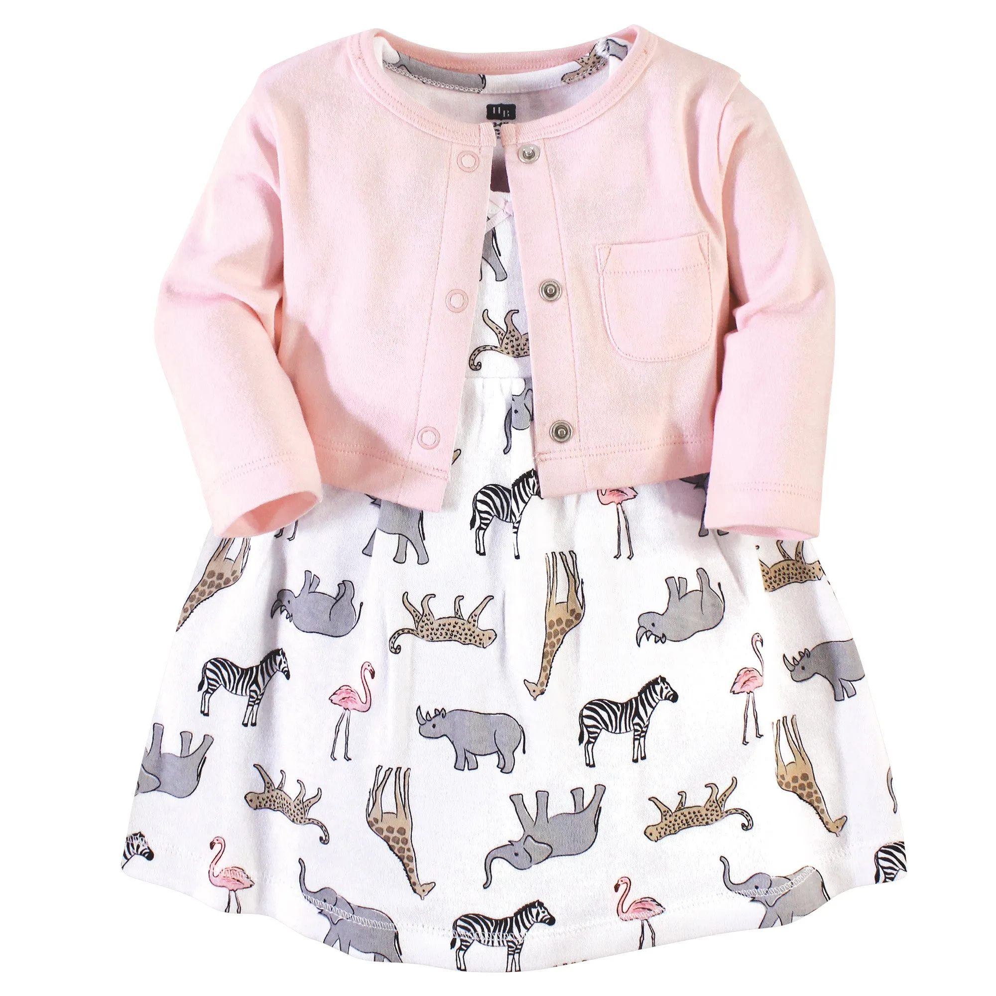 Hudson Baby Cotton Dress and Cardigan Set, Modern Pink Safari