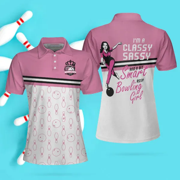 I'M A Classy Sassy Bowling Girl Bowling Short Sleeve Women Polo Shirt, Pink Bowling Ball And Pin Pattern Shirt For Ladies Coolspod