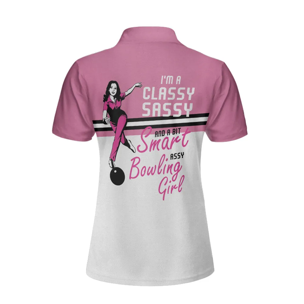 I'M A Classy Sassy Bowling Girl Bowling Short Sleeve Women Polo Shirt, Pink Bowling Ball And Pin Pattern Shirt For Ladies Coolspod