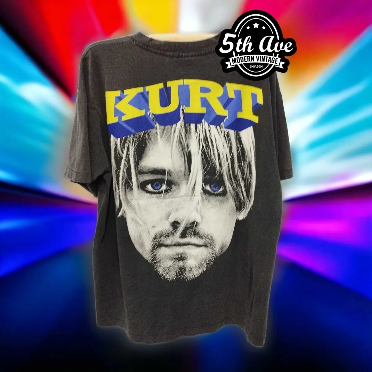 Kurt Cobain Memorial T-Shirt: Iconic Portrait with Blue Eyes on Back, 3D Lettering, Soft Single-Stitch Crewneck, 30-Day Satisfaction Guarantee