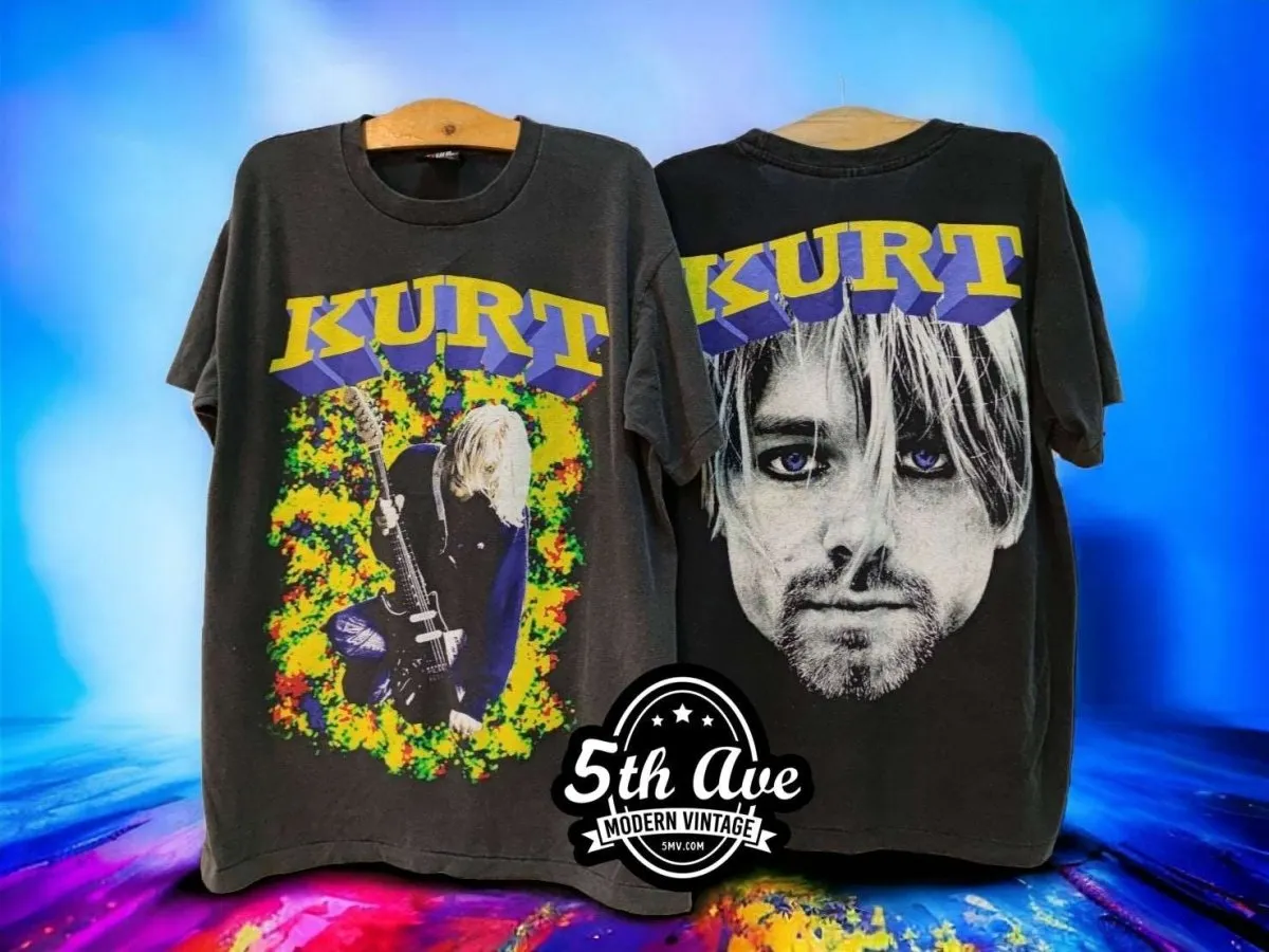 Kurt Cobain Memorial T-Shirt: Iconic Portrait with Blue Eyes on Back, 3D Lettering, Soft Single-Stitch Crewneck, 30-Day Satisfaction Guarantee