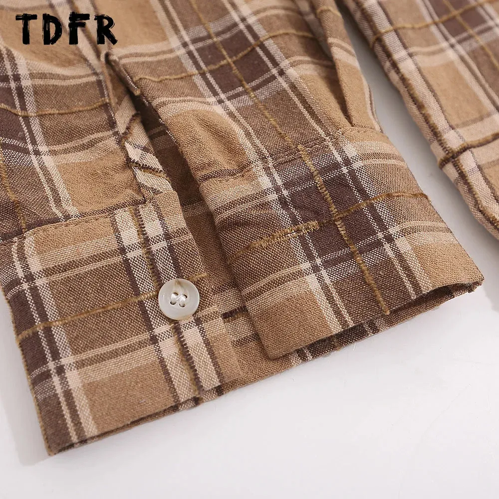 Letter Embroidery Plaid Shirts - Casual Loose Single Breasted Lapel Shirts