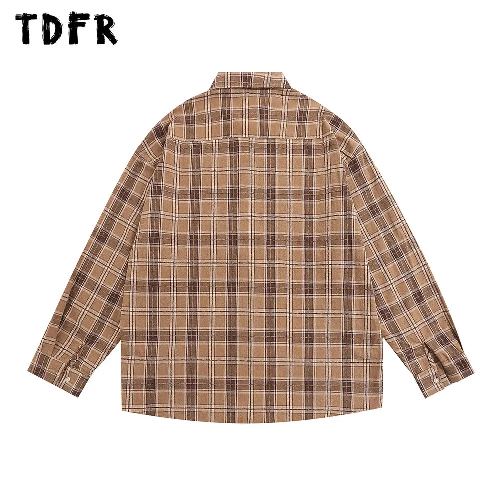 Letter Embroidery Plaid Shirts - Casual Loose Single Breasted Lapel Shirts