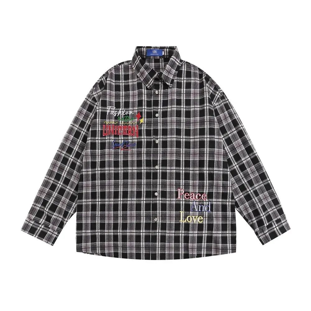 Letter Embroidery Plaid Shirts - Casual Loose Single Breasted Lapel Shirts