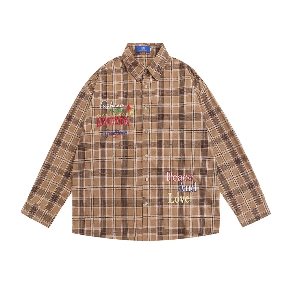 Letter Embroidery Plaid Shirts - Casual Loose Single Breasted Lapel Shirts