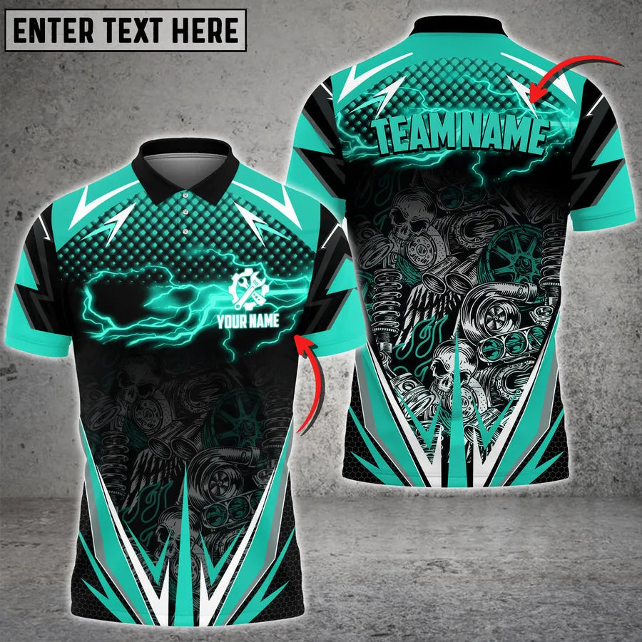 Mechanic Thunder and Skull Pattern Custom Name Multi Color Printed 3D Polo Shirt