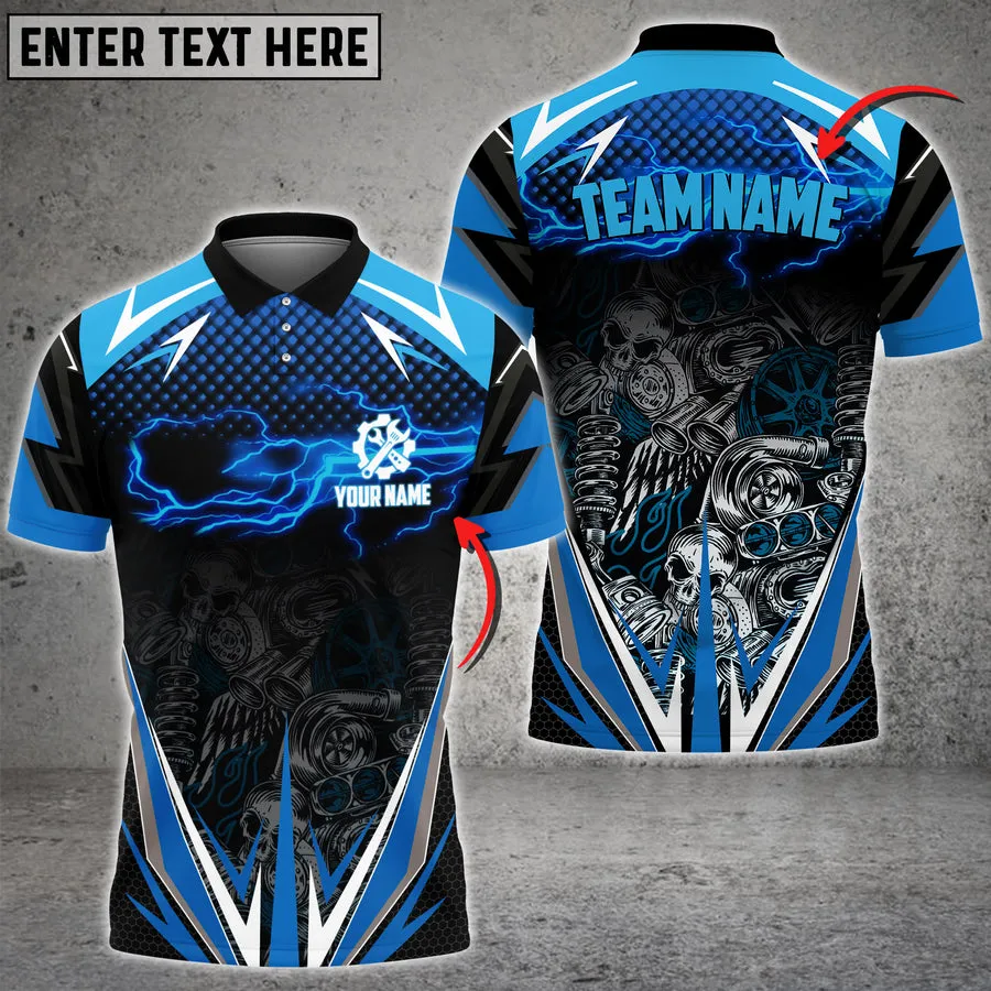 Mechanic Thunder and Skull Pattern Custom Name Multi Color Printed 3D Polo Shirt