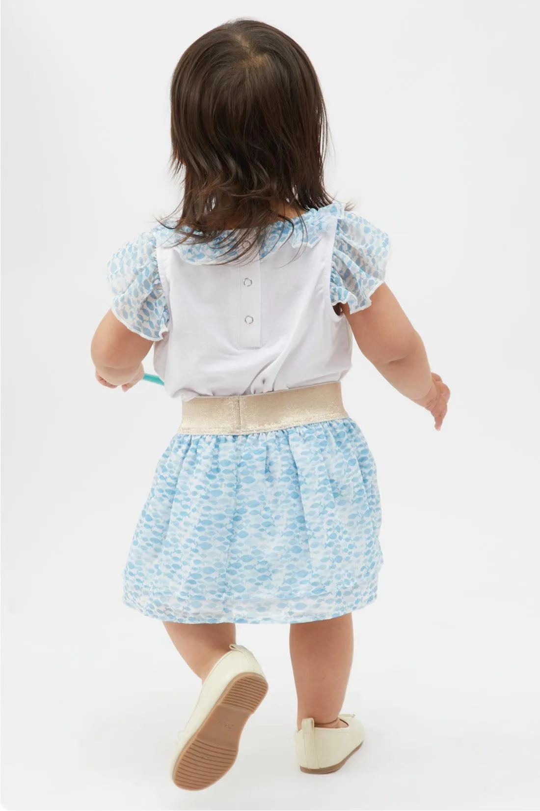 One Friday Baby Girl's Blue & White Printed Top with Skirt Set