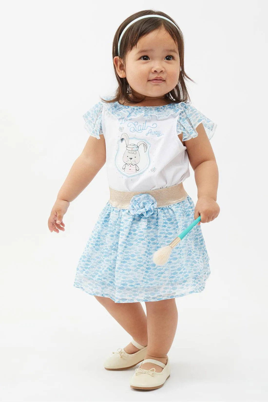 One Friday Baby Girl's Blue & White Printed Top with Skirt Set