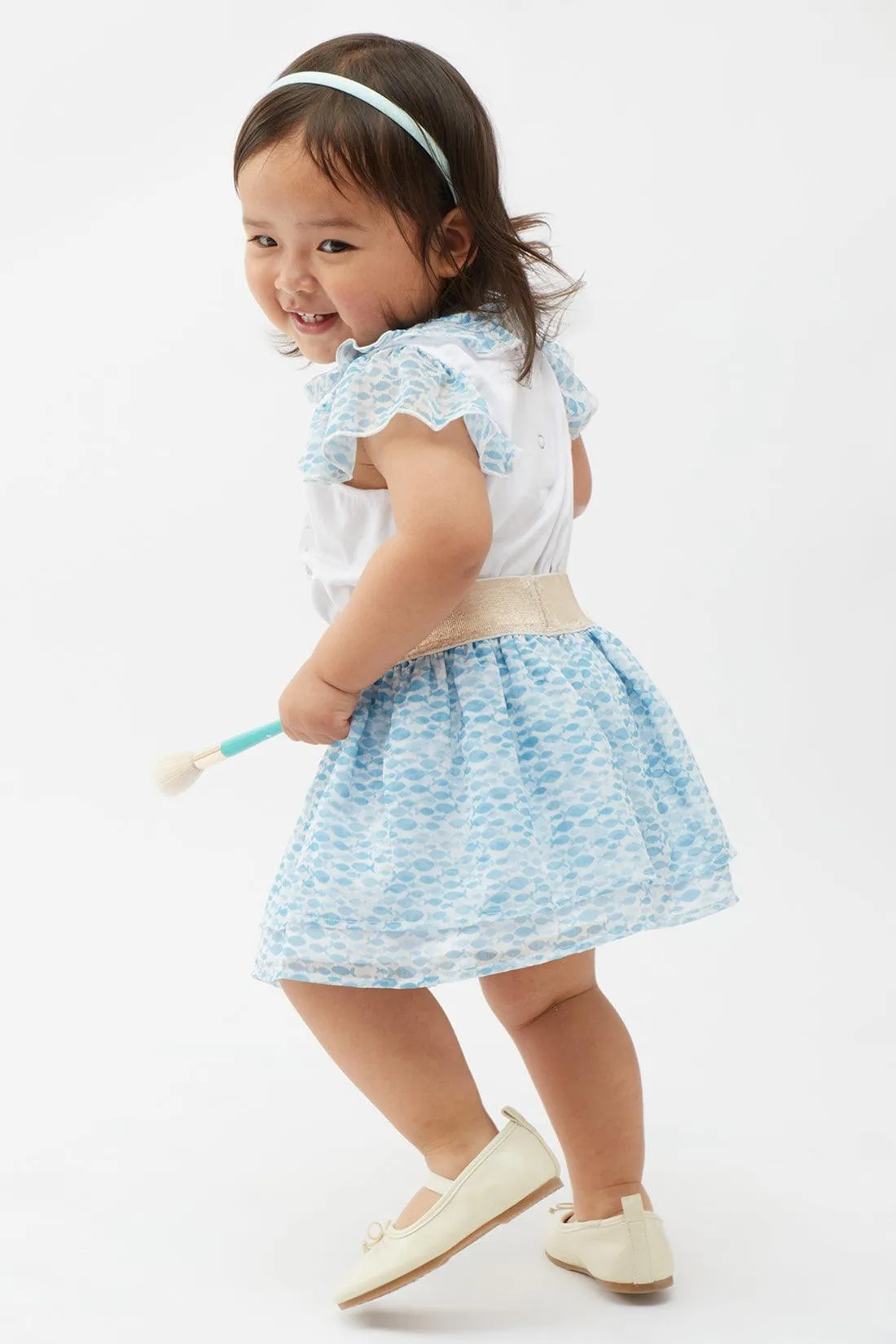 One Friday Baby Girl's Blue & White Printed Top with Skirt Set