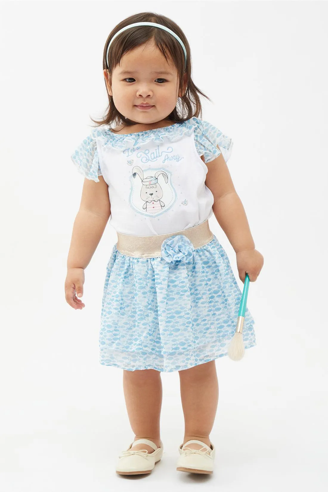 One Friday Baby Girl's Blue & White Printed Top with Skirt Set