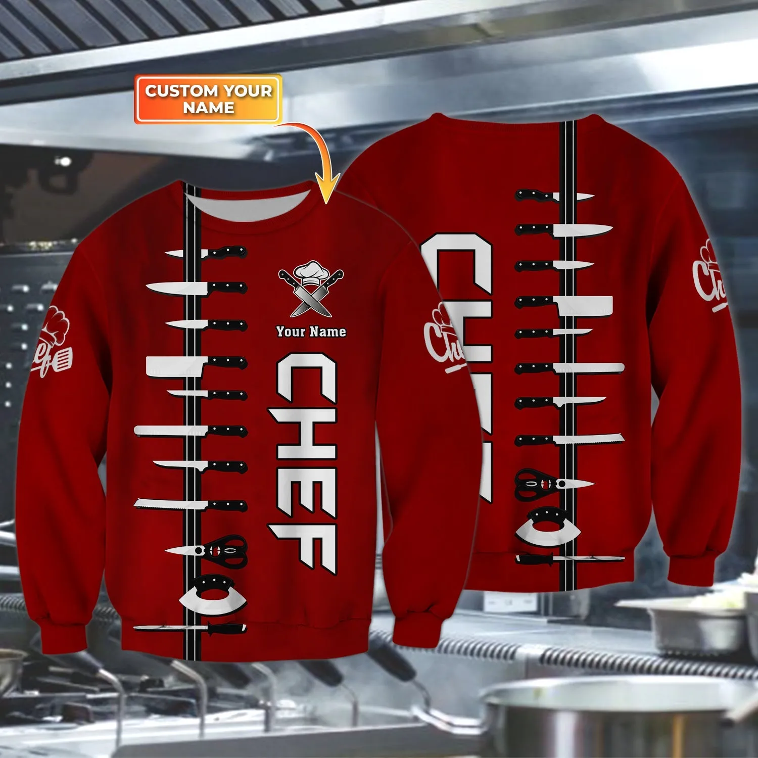 Personalized Name Chef Cook Knife Red 3D Sweatshirt, Idea Shirt for Chef Christmas