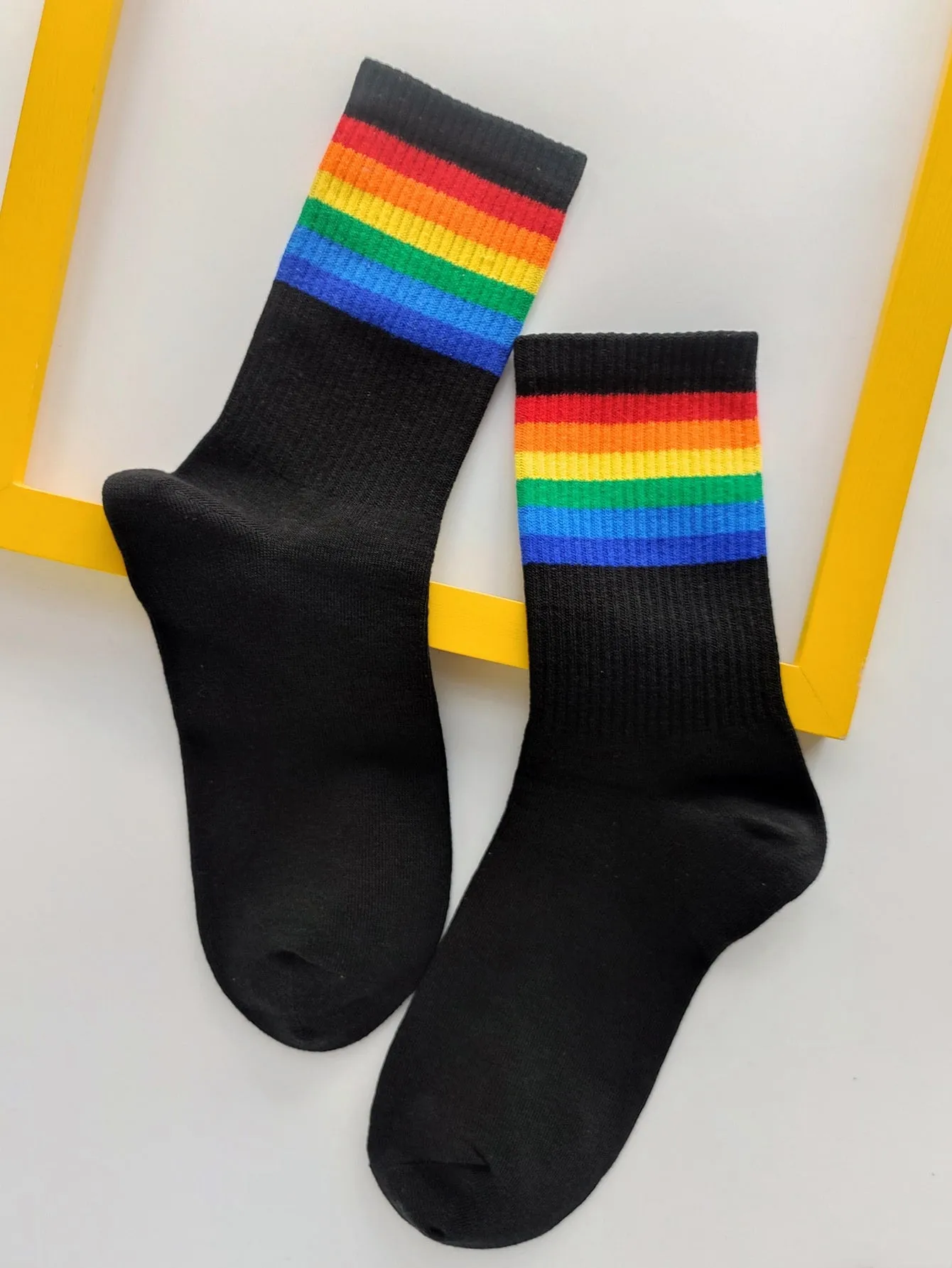 Rainbow Striped Black Socks for Women Fun Socks Funky Socks Novelty Socks