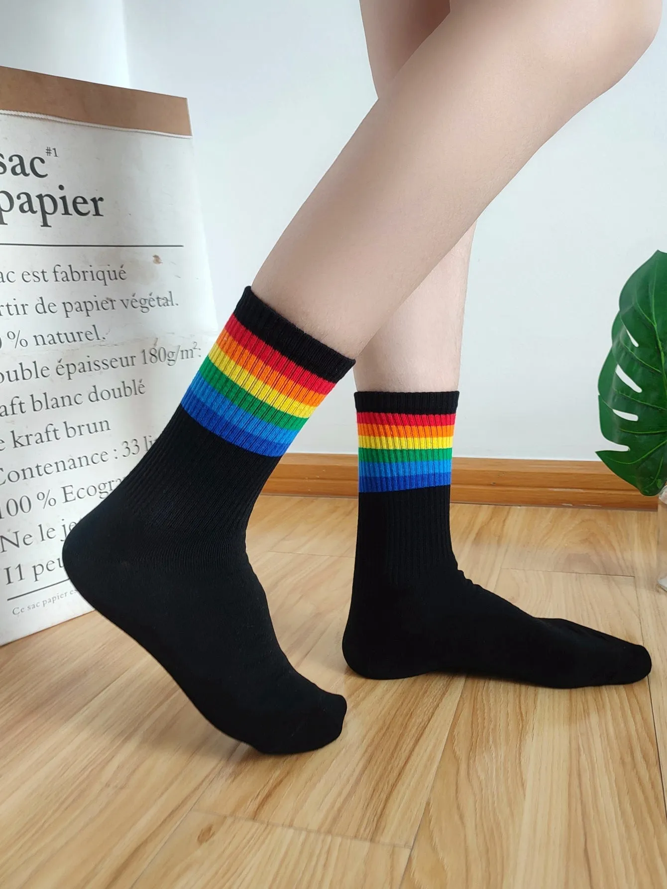 Rainbow Striped Black Socks for Women Fun Socks Funky Socks Novelty Socks