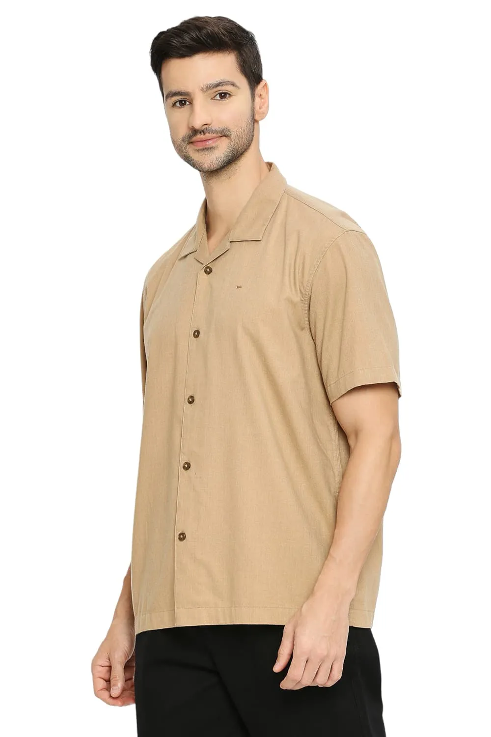 Relaxed Fit Polyester Cotton Lyocel Twill Melange Halfsleeves Shirt