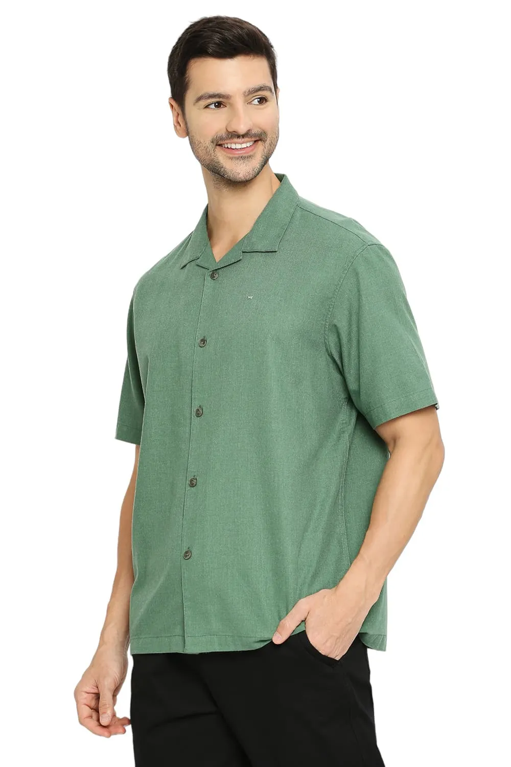 Relaxed Fit Polyester Cotton Lyocel Twill Melange Halfsleeves Shirt