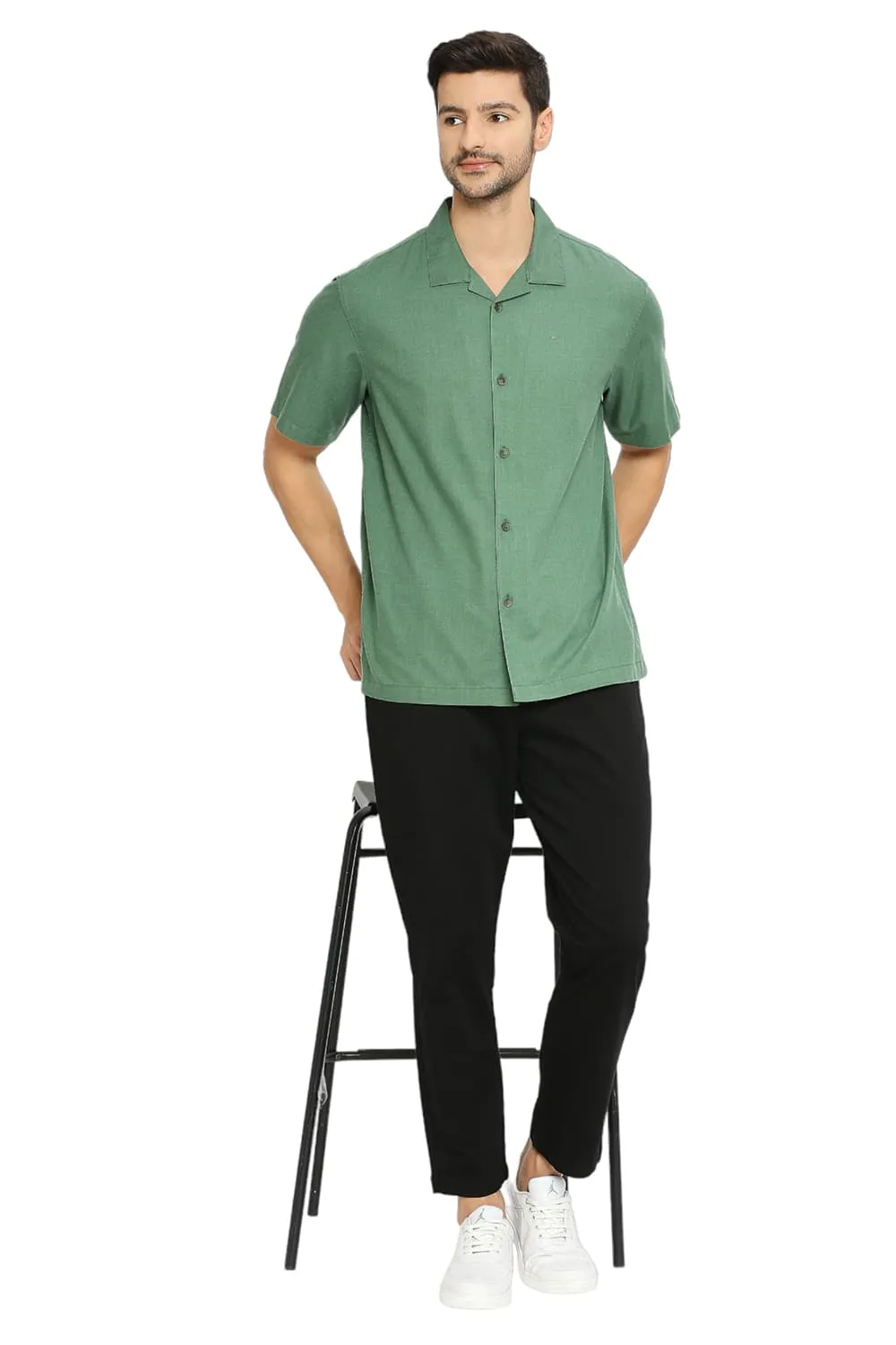 Relaxed Fit Polyester Cotton Lyocel Twill Melange Halfsleeves Shirt