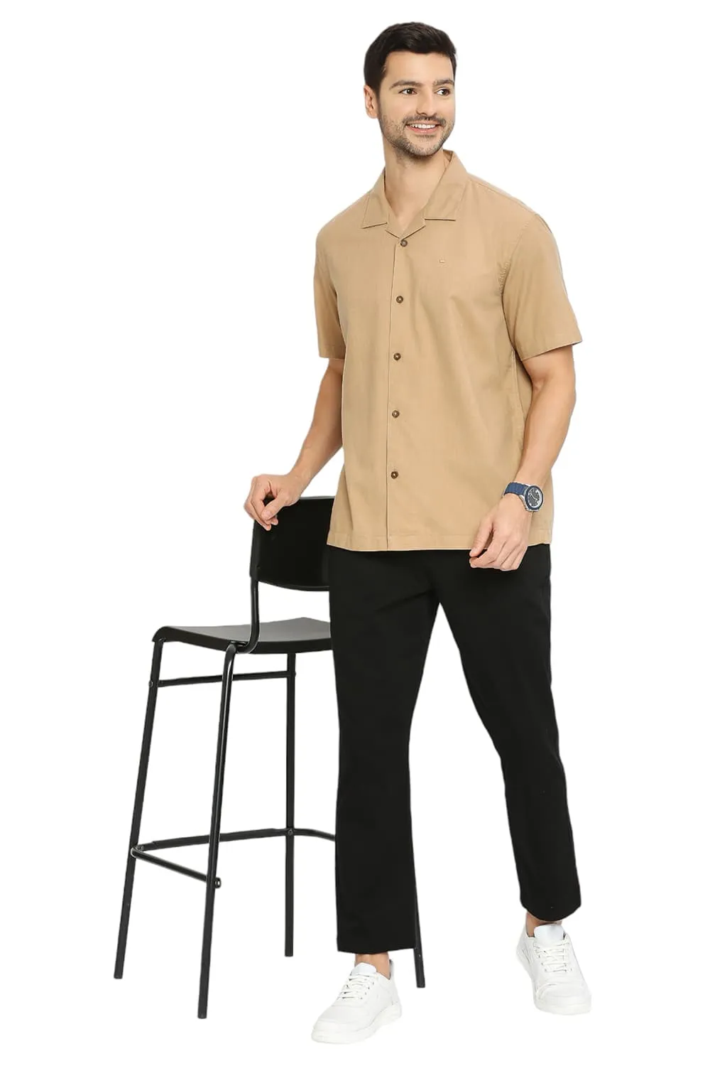 Relaxed Fit Polyester Cotton Lyocel Twill Melange Halfsleeves Shirt