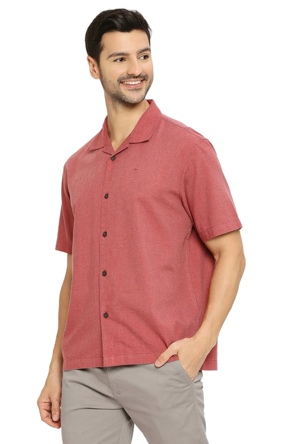 Relaxed Fit Polyester Cotton Lyocel Twill Melange Halfsleeves Shirt