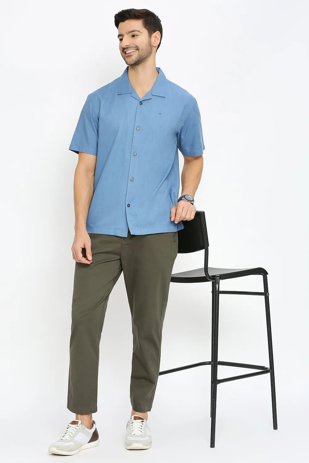 Relaxed Fit Polyester Cotton Lyocel Twill Melange Halfsleeves Shirt