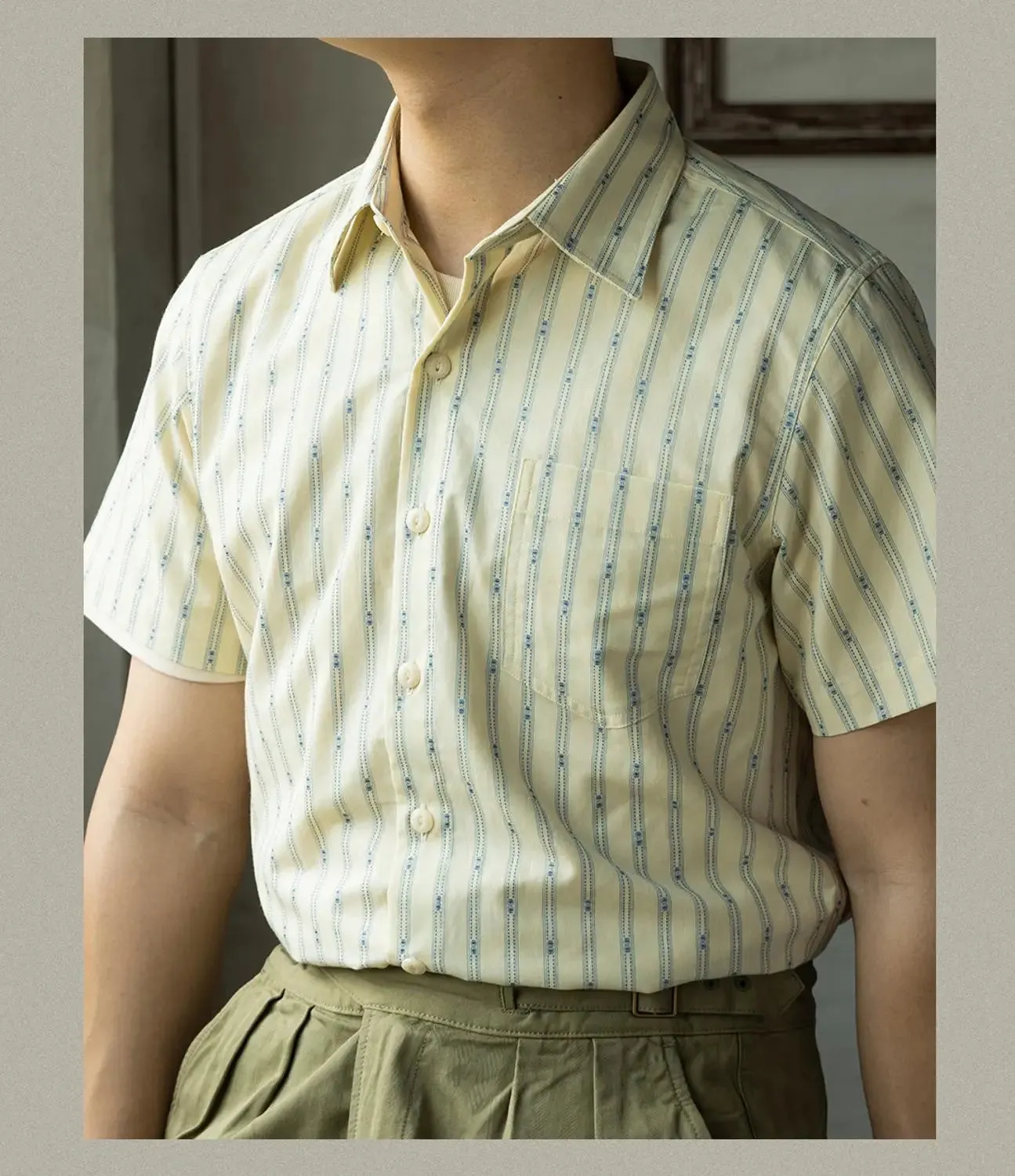 Retro Jacquard Stripe Short Sleeve Shirts - Men's Workwear