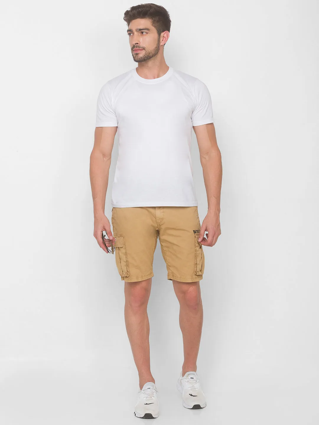 Spykar Men Camel Khaki Solid Relaxed Mid-Rise Shorts (Relaxed)