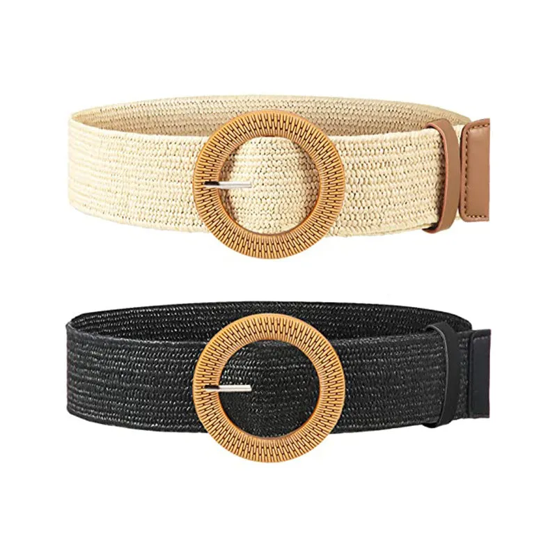 Straw Woven Elastic Stretch Belt Tight Dress Wood Style Buckle Belt